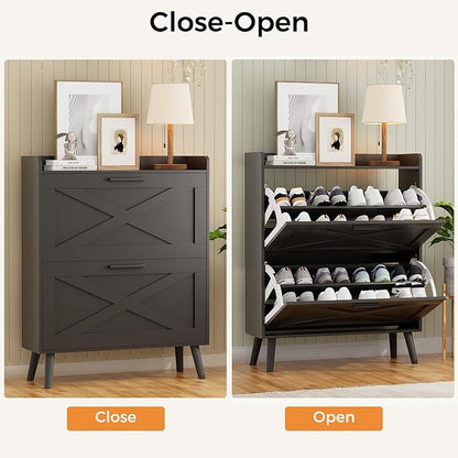 Homleke 32" W Farmhouse Shoe Storage Cabinet with 2 Flip Drawers and Barn Door Design, Adjustable Shelves, Modern Hidden Slim Narrow Shoe Rack Cabinet for Entryway, Foyer, Hallway, Living Room, Black