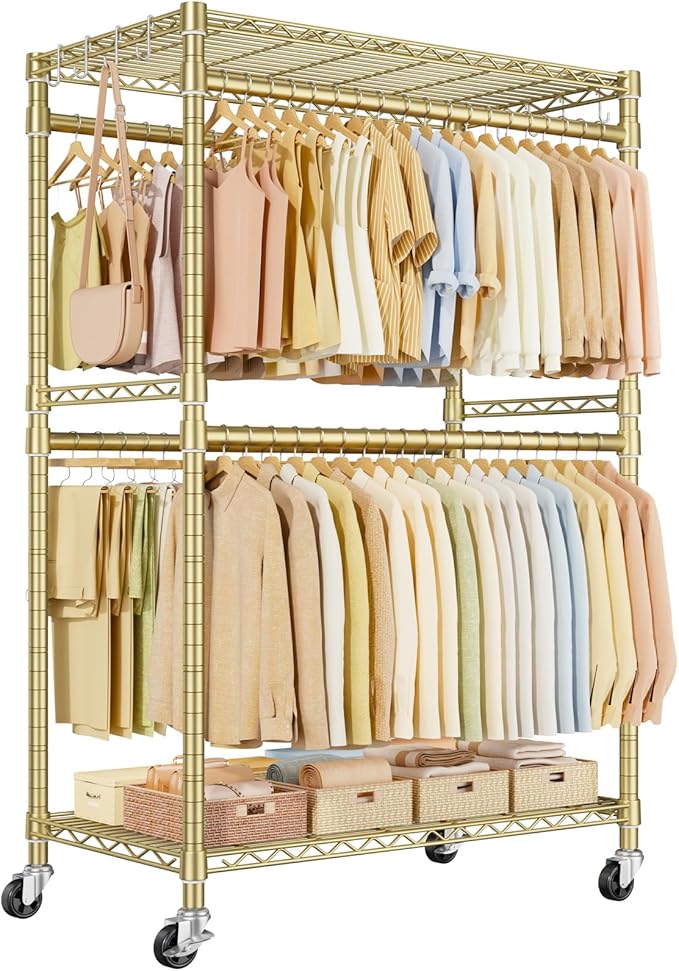 P4 Plus Rolling Clothes Rack Heavy Duty, Clothing Racks for Hanging Clothes, Free Standing Garment Racks with Wheels, Portable Closet Rack 45'' W × 20.5'' D × 80.5'' H, Max Load 570 Lbs, Gold