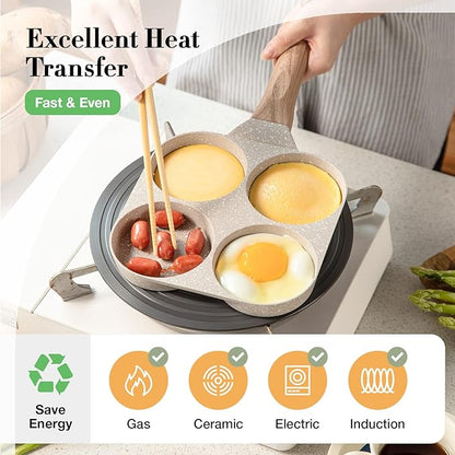 CAROTE Egg Pan Omelette Pan, 4-Cup Nonstick Granite Omelette Skillet - Pancake Pan and Healthy Egg Cooker Suitable for Gas Stove & Induction Cookware