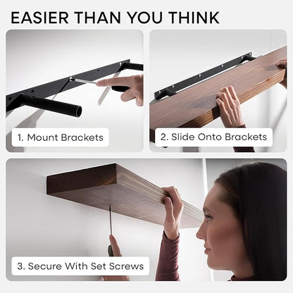 Homeforia Classic Walnut 48 inch Floating Shelf, High End Solid Real Wood Small 48inch Floating Shelves for Wall Mounted, 48in Floating Shelves, Heavy Duty Bracket, 48 X 6.5 X 1.75 inches, Set of 3