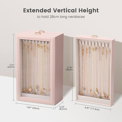Lolalet Necklace Organizer Box, Jewelry Storage Box with Clear Window for Necklaces Bracelets, Tangle-Free Necklace Display Case for Women Girls, Pink, 2 Layers 20 Hooks