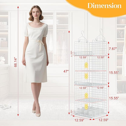 Yuyetuyo ﻿5 Tier Hanging Closet Organizer Separable Hanging Closet Shelves with 4 Hooks 2 Adjustable Dividers, Wire Storage Basket Bins for Clothing Sweaters Socks Dolls Handbags, Foldable