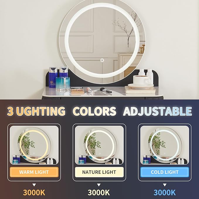 Makeup Vanity with Round Mirror, Light,Two Drawers, Cushioned Stool Set.Small Dressing Table for bedrooms and Dressing Rooms.Black