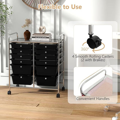 HAPPYGRILL Happygrill 12-Drawer Rolling Storage Cart, Multipurpose Organizer Cart for Home Office School, Utility Cart with Wheels, (Black)