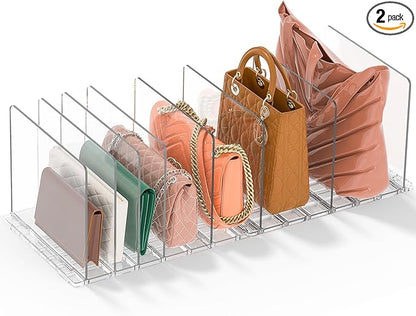 GoMaihe Bag & Purse Organizer for Closet: Adjustable Clear Handbag Storage Shelf - Plastic Clutch Dividers | Minimal | Keep Purses upright