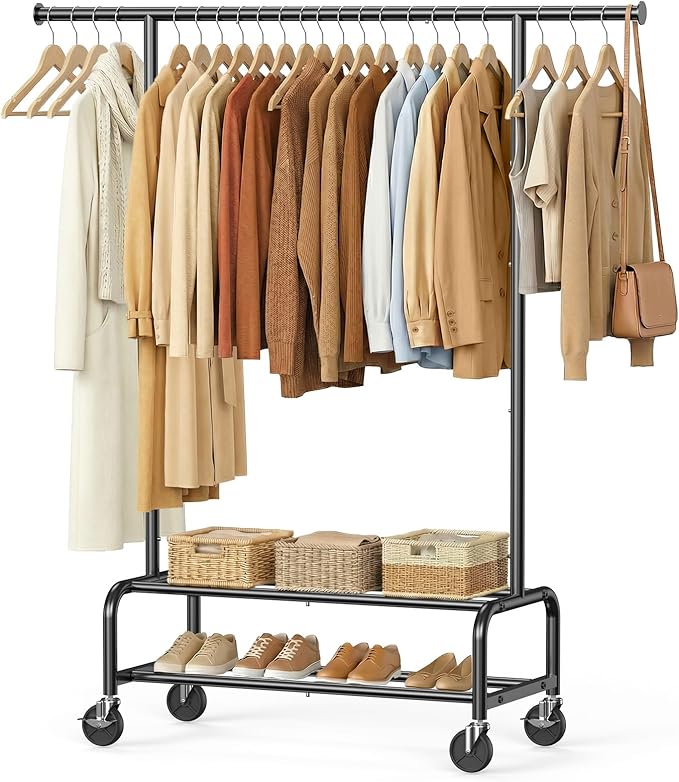 Clothes Rack for Hanging Clothes, Portable Clothing Rack with Wheels Sturdy Garment Organizer Metal Portable Wardrobe Closet with Double Shelves for Bedroom Laundry Living Room, Black