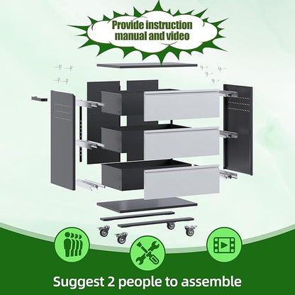 Aobabo Garage Storage Cabinet with 3 Drawers and 4 Hooks,Metal Storage Cabinet with Wheels for Garage Home,Required Assembly,Black&Silver,18.11" D x 30.3" W x 35.4" H