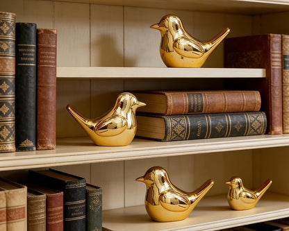 Artconal Small Gold Bird Statue Ceramic 2-Piece Set, 4½ inch Cute Knick Knack for Home Office Shelf Desk Decor