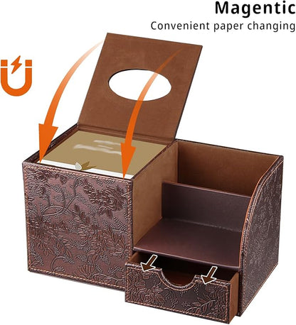 Nightstand Organizer with Tissue Holder,PU Leather Square Tissue Box Cover,Modern Facial Paper Organizer Storage Box for Remote Control,Bathroom,Vanity Countertop,End Table Home Office