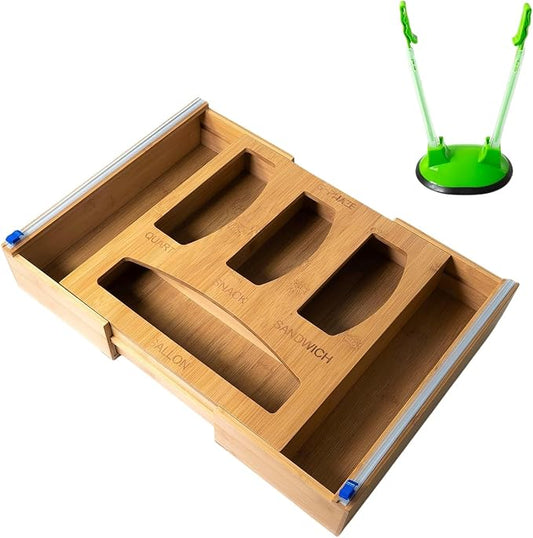 Forest & Twelfth Expandable Bamboo Kitchen Drawer Organizer for Storage Bags, Gallon, Quart, Snack, Sandwich Size, Plastic Wrap Foil Dispenser with Prep Bag Holder, Eco-Friendly Kitchen Organization