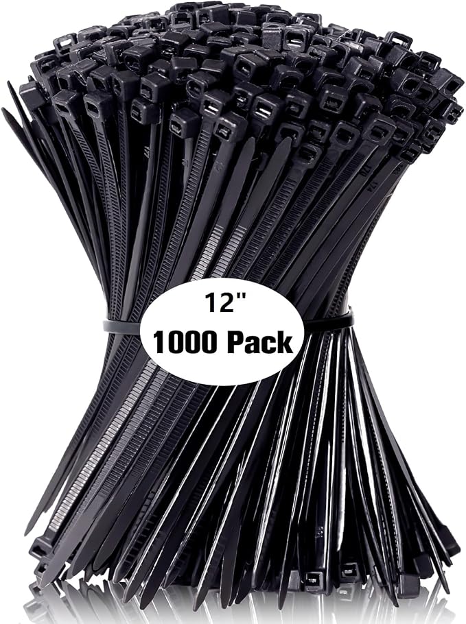 Zip Ties 12 inch, 1000 Pack Black Zip Ties, Self-Locking Nylon Cable Ties with 50 lb Tensile Strength,Wire Ties for indoor and outdoor use.