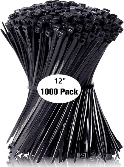 Zip Ties 12 inch, 1000 Pack Black Zip Ties, Self-Locking Nylon Cable Ties with 50 lb Tensile Strength,Wire Ties for indoor and outdoor use.