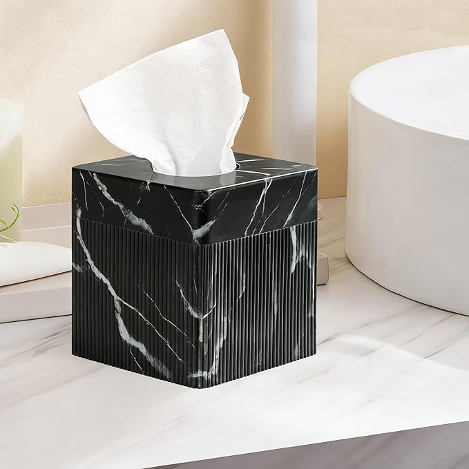 Tissue Box Cover Square Resin Tissue Holder for Home Decor, Hand Poured Marble Tissue Box Holder, 5 x 5 x 5.5 inches, Black