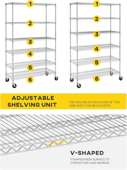 BestOffice | 6-Tier Wire Storage Shelves with Wheels | 18x48x78 | Chrome | Adjustable Racks | Heavy-Duty Metal Shelf, Holds Upto 600 lbs | No-Tool Assembly | Ideal for Home & Garage Shelving