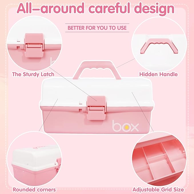 TERGOO 12in 3-Layer Plastic Craft Organizers and Storage, Portable Folding Tackle Box with Handle & Adjustable Dividers, Multipurpose Case for Sewing, Art Supplies, Medicine, Tools (White Pink)