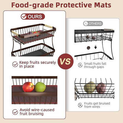 Sevenblue 2 Tier Large Fruit Basket for Kitchen Counter with 2 Mobile Banana Hangers, 2026 Pro Detachable Metal Fruit Bowl with Wooden Handle (Brown, 2 Tier)