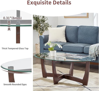 LKTART 48" Oval Glass Coffee Table with Tempered Glass Top Cross and Solid Wood Base Simple & Modern Center Table for Living Room Office Apartment Cherry