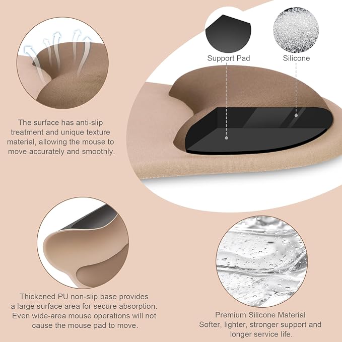 MOSISO Wrist Rest Support for Mouse Pad&Keyboard Set, Circle Curved Ergonomic Mousepad&Coaster Non-Slip Base Home/Office Pain Relief&Easy Typing Pad with Soft Cloth&Silicone Lining, Mocha