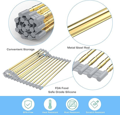 Large Expandable Roll Up Dish Drying Rack, Heat-Resistant Dish Drainer for Stainless Steel Sinks, Over The Sink Non-Slip Silicone Rollable Dish Drainer Roll Rack 18 Tube Gray Silicone & Gold Tube