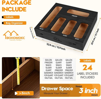 Bamboo Ziplock Bag Storage Organizer for Drawer -Black, 5 in 1 Baggie Organizer with 24 Labels - Fits Gallon, Quart, Sandwich & Snack Bags - Wall Mountable Kitchen Drawer Organizer