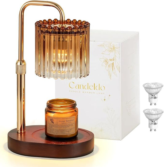 Candeldo Candle Warmer Lamp with Timer: Amber Candle Warming Lamp with 2 Bulbs Height Adjustable Wax Melt Dimmable Bedroom Decor for Women