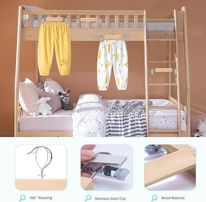 Nature Smile 20 Pack 10.2 Inches Unfinished/Natural Kids Baby Toddler Infant Children Solid Wooden Pants Skirts Hangers Wood Trousers Bottom Hangers with 2-Adjustable Clips 360° Stronger Swivel Hook
