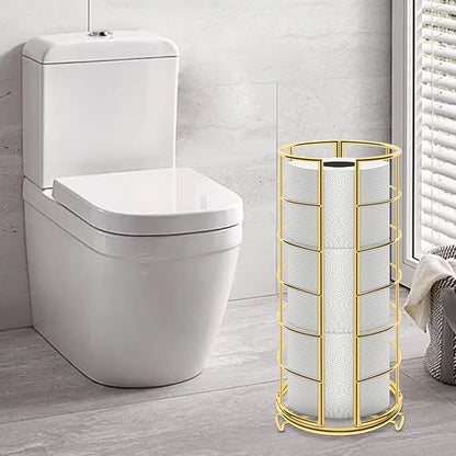 NearMoon Toilet Paper Organizer Stand, Free Standing 3 Rolls Tissue Storage, Metal Bathroom Accessory, Rustproof Toilet Roll Holder for Kitchen Countertop Inside Cabinet Shelf(Metal Base, Gold)