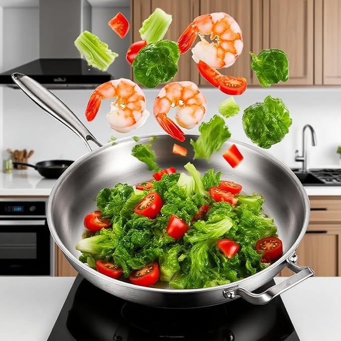 DELARLO 2-Piece Stainless Steel Pan 12-inch & 14-Inch, Frying Pan with Lid, Heavy Duty, Compatible with Induction, Electric up to 650℉, Fast & Even Heating, Durable, Dishwasher, Oven Safe Skillet