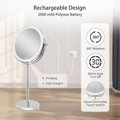 8”Large Makeup Mirror with Lights,1X/10X Rechargeable True Height Adjustable HD Magnifying Mirror with 3 Color Dimmable Lights,360° Rotation Double Sided Vanity Makeup Mirror,Gift for Women (Silver)