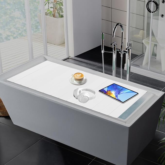 White Wood Grain Foldable Bathtub Cover, PVC Waterproof Dustproof Bath Tub Lid, Heat Preservation Bathroom Tub Tray for Home Hotel Spa (59.06×31.5×0.26)