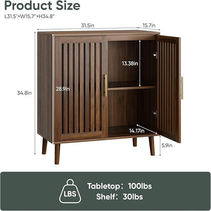 Sideboard Cabinet, 31.5" W Farmhouse Buffet Cabinet with Slatted Doors & Adjustable Shelf, Wood Coffee Bar Storage Station for Kitchen, Dining Room, Living Room, Entryway, Walnut Color