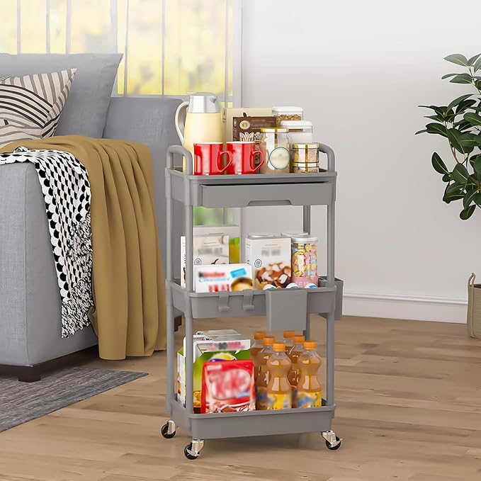 LLMRR 3 Tier Rolling Utility Cart with Drawer, Plastic Storage Organizer Rolling Carts with Wheels Handles Hanging Cups Hooks for Office, Bathroom, Kitchen,Craft Art Room (Grey)