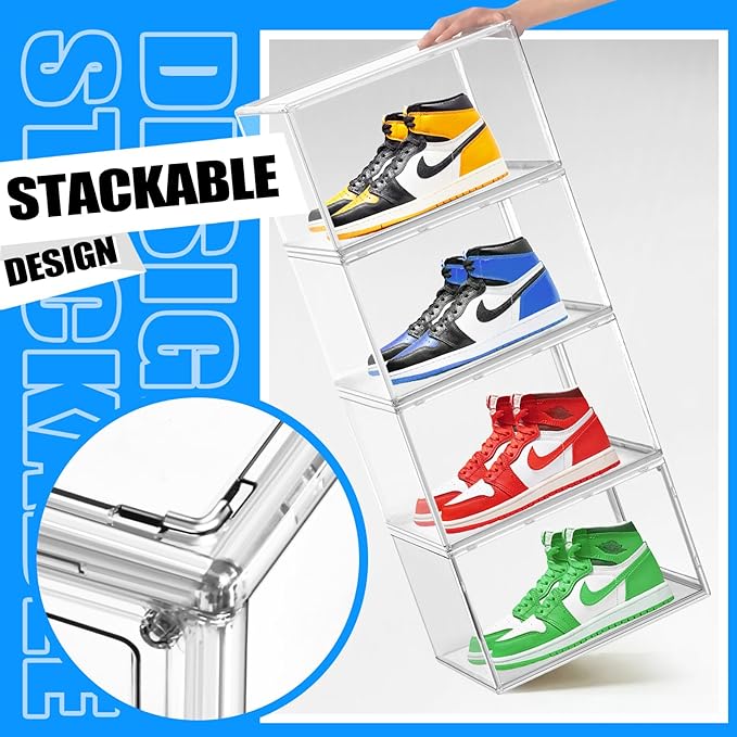 10 Pack Acrylic Clear Shoe Organizers, Size 13 Sneaker Display Case Magnetic Door Shoe Container, Transparent Shoe Boxes for Toy Hat Collectible in Entryway, Hallway, Closet, Underbed