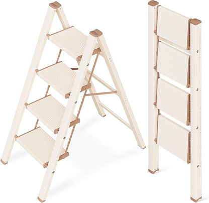 4 Step Ladder, Aluminum Folding Step Stool with Anti-Slip Sturdy and Wide Pedal, Lightweight Portable Stepladder for Home and Kitchen Use Space Saving, 330 lbs, Chocolate White