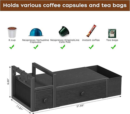 Homeiju Coffee Pod Drawers - K Cup Organizer, Nespresso Pods Holder with Mug Rack, Coffee Holder for Countertop, 52 Capacity Pods, Suitable for Kitchens, Offices and Coffee Bars(Black)