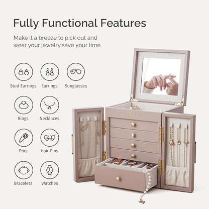 Jewelry Box for Women, 6-Tier Jewelry Organizer Box with Mirror, 5 Drawers Jewelry Storage Case for Ring Necklace Earring Bracelet, Light Taupe