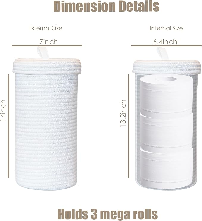 Toilet Paper Holder Handmade – Woven Cotton Toilet Paper Stand & Storage Basket with Lid, Freestanding Organizer for Bathroom, Fits 3 Mega Rolls Gradient Brown 14'' x 7''