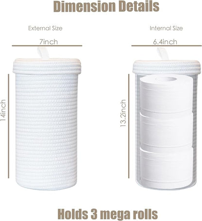 Toilet Paper Holder Handmade – Woven Cotton Toilet Paper Stand & Storage Basket with Lid, Freestanding Organizer for Bathroom, Fits 3 Mega Rolls Gradient Brown 14'' x 7''