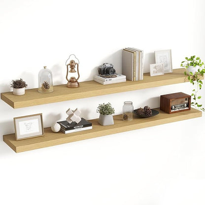Acovy 55 Inch Floating Shelves, 8 Inch Deep Floating Shelves for Wall, Hanging Shelf with Invisible Brackets, Deep Shelves for Bathroom, Bedroom, Living Room, Oak, Set of 2