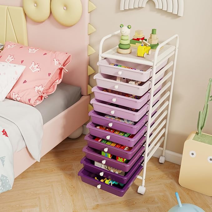 RELAX4LIFE 10 Drawer Rolling Cart - Slim Storage Cart w/Lockable Wheels for Classroom School Teacher Office, Art Supplies Paper Scrapbook Craft Organizers, Utility Cart with Drawers (Gradient Purple)