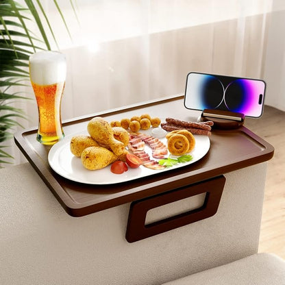 Smatdecis Couch Arm Tray Table Sofa Arm Clip, Armrest Tray Table Suitable for Home Drinks/Fast Food/Fruit Etc, Large Size Multi-Function Brown(360° Rotating Stand A)