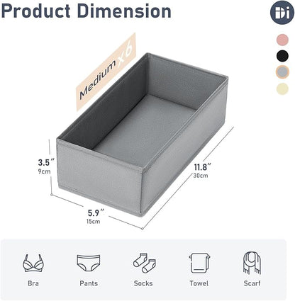DIMJ Drawer Organizer Clothes - Underwear Organizer Small Sock Organizer Closet Organizers and Storage Box Dresser Drawer Dividers for Baby Clothes,Bra,Socks, Belt, Tie, Set of 6,Grey