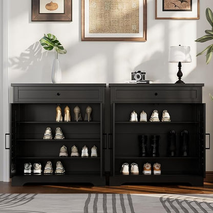 ChooChoo Shoe Cabinet with Doors, 4-Tier Shoe Storage Cabinet with Drawer and Shelves, Wooden Shoe Rack Organizer for Entryway, Hallway, Closet, Black