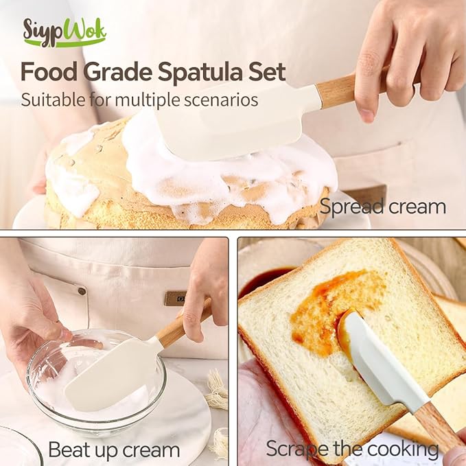 5 Pcs Silicone Spatula Set,Food Grade Silicone Spatula Nonstick Rubber Spatulas with Wooden Ergonomic Grip,Spoonula,Jar Scraper for Cooking,Baking,Mixing,Frosting-Heat Resistant Up to 428°F(Off White)