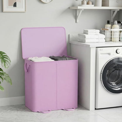 Lifewit Double Laundry Hamper with Lid and Removable Laundry Bags, Large Collapsible 2 Dividers Dirty Clothes Basket with Handles for Bedroom Laundry Room Closet Bathroom College, 136L Purple