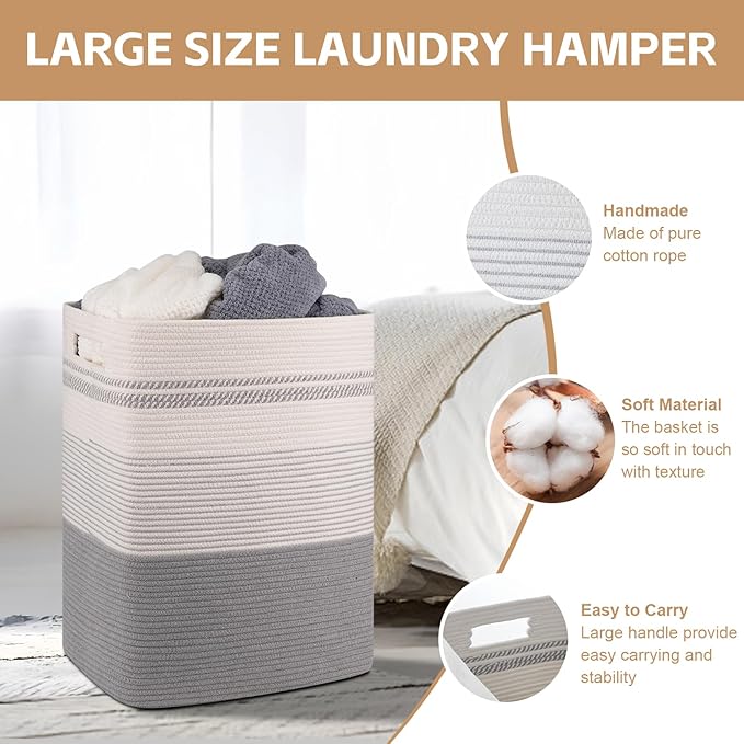 SIXDOVE Laundry Hamper, Large Woven Rope Tall Laundry Basket with Handles, 22" X 17" X 13", Decorative Storage Basket for Clothes and Blankets in Living room, Bedroom, Grey & White