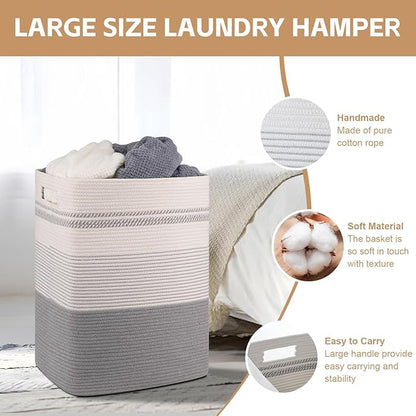 SIXDOVE Laundry Hamper, Large Woven Rope Tall Laundry Basket with Handles, 22" X 17" X 13", Decorative Storage Basket for Clothes and Blankets in Living room, Bedroom, Grey & White