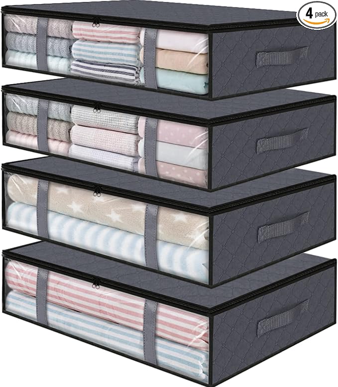StorageRight Under Bed Storage Bags 4 Pack, 40L Large Clothes & Comforter Storage Containers with Clear Window, Breathable Fabric Organizer for Blankets, Bedding, Seasonal Clothing, Grey