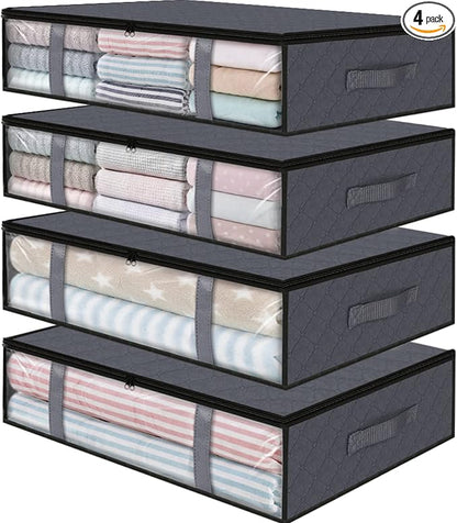 StorageRight Under Bed Storage Bags 4 Pack, 40L Large Clothes & Comforter Storage Containers with Clear Window, Breathable Fabric Organizer for Blankets, Bedding, Seasonal Clothing, Grey