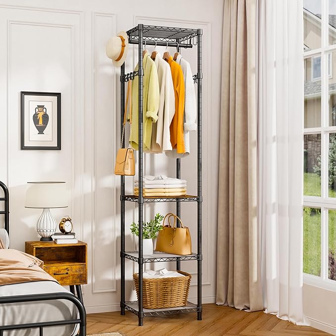 R1 Clothes Rack Heavy Duty, Clothing Racks for Hanging Clothes, Garment Rack with Storage Shelves, Small Coat Rack Freestanding for Entryway, Hallway, Bedroom, Max Load 448 Lbs, Black